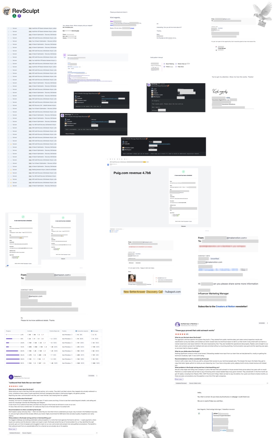 Proof board: LinkedIn reply notifications, meeting-booked confirmations, positive-reply snippets from the sending tool, and verified reviews across multiple engagements